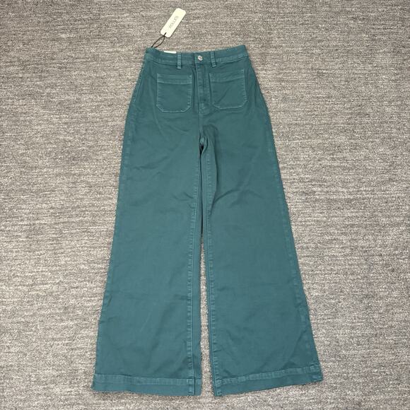 Rollas Sailor Jeans Women 25 Forest Green Wide Leg High Rise Patch Pocket Ankle - Picture 1 of 14